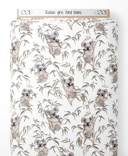 Tissu - Koalas gris sur fond blanc