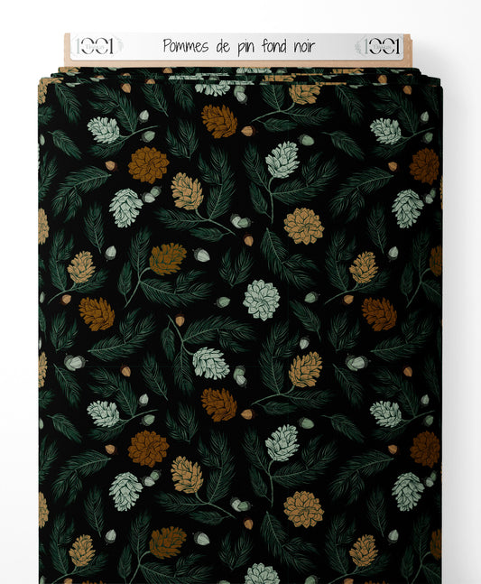 Tissu - Pommes de pin sur fond noir