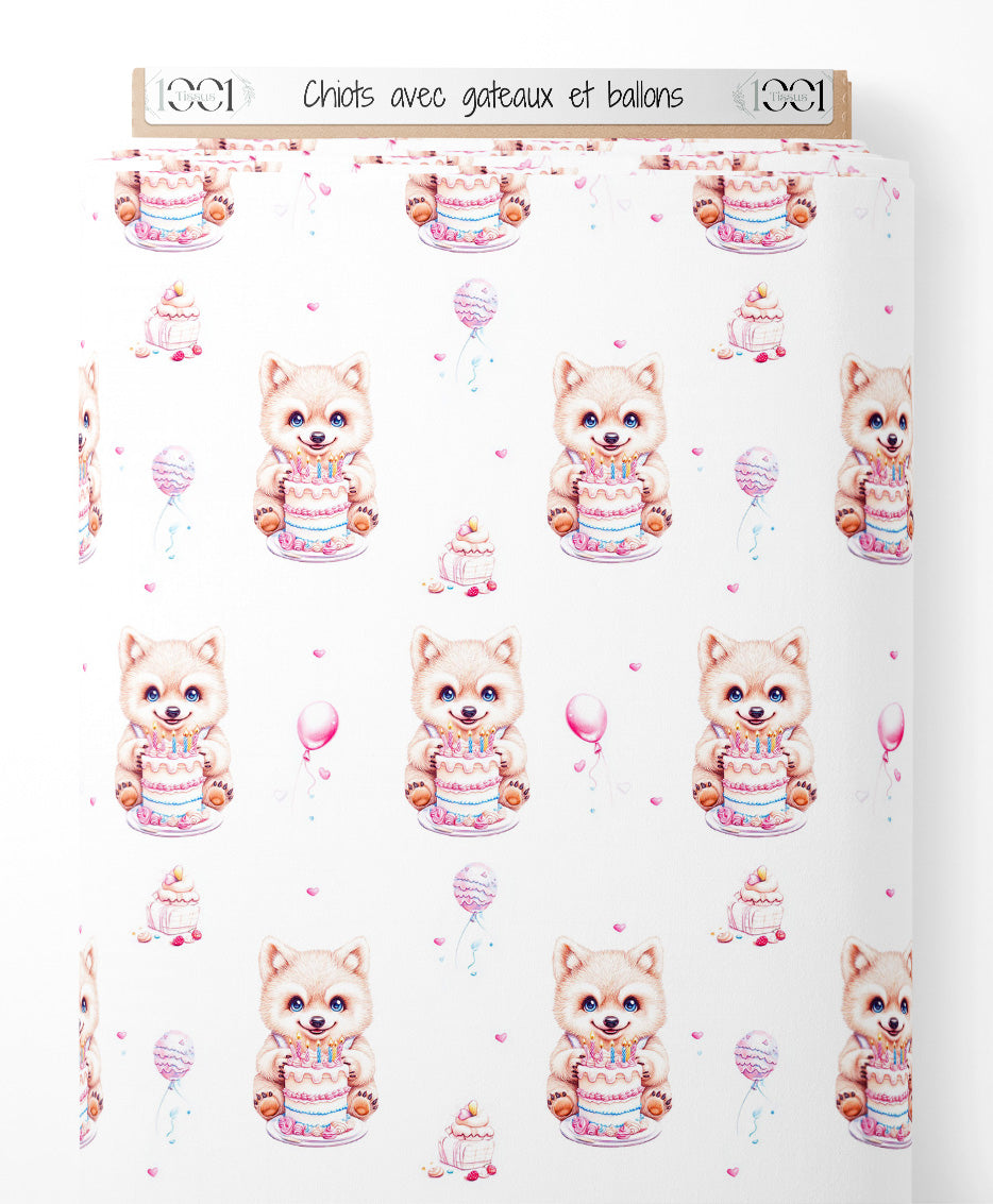Tissu - Chiots avec gâteaux et ballons