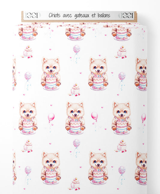 Tissu - Chiots avec gâteaux et ballons