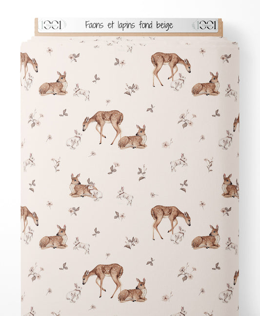 Tissu - Faons et lapins sur fond beige