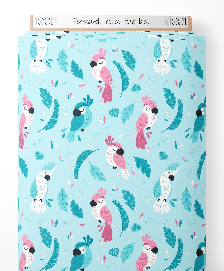 Tissu - Perroquets roses sur fond bleu