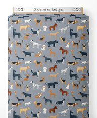 Tissu - Chiens variés sur fond gris
