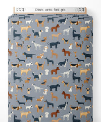 Tissu - Chiens variés sur fond gris