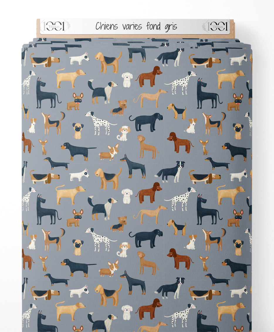 Tissu - Chiens variés sur fond gris