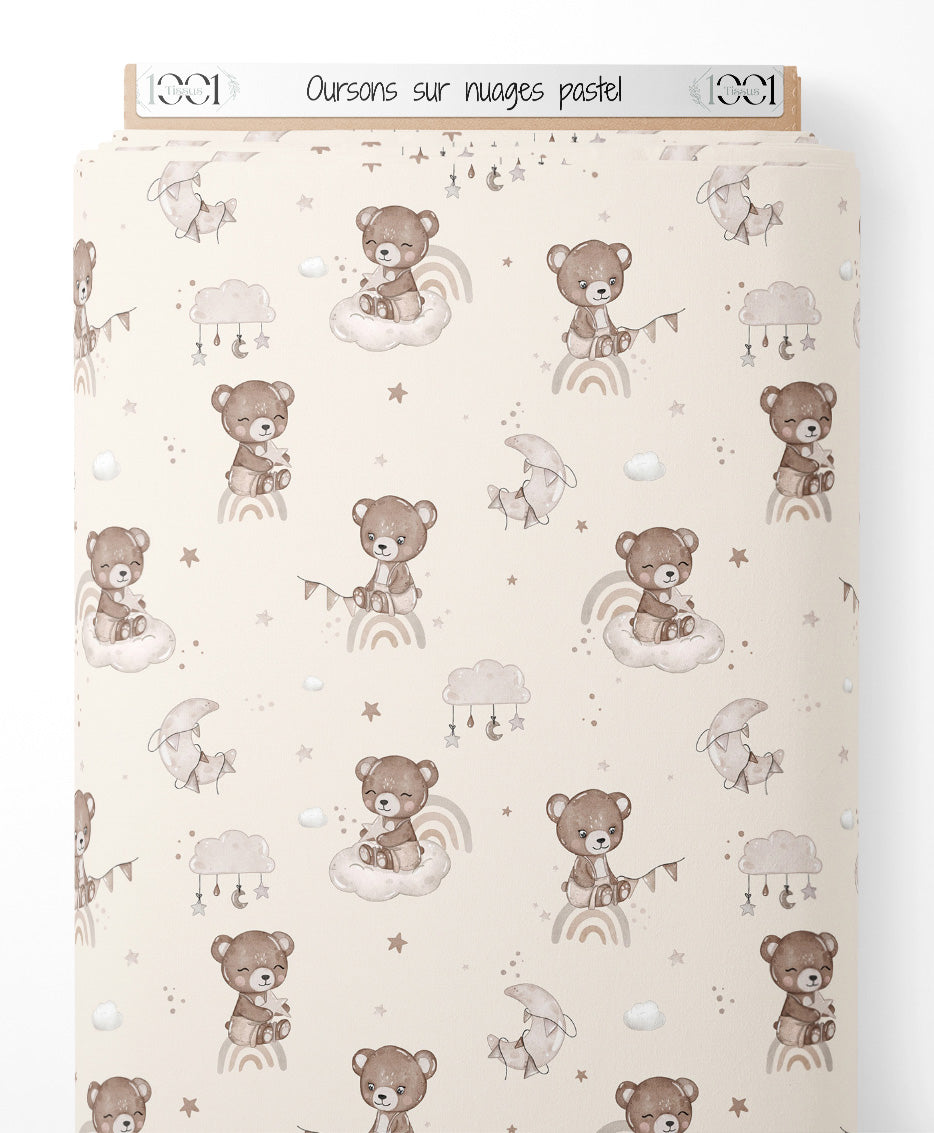 Tissu - Oursons sur nuages pastel