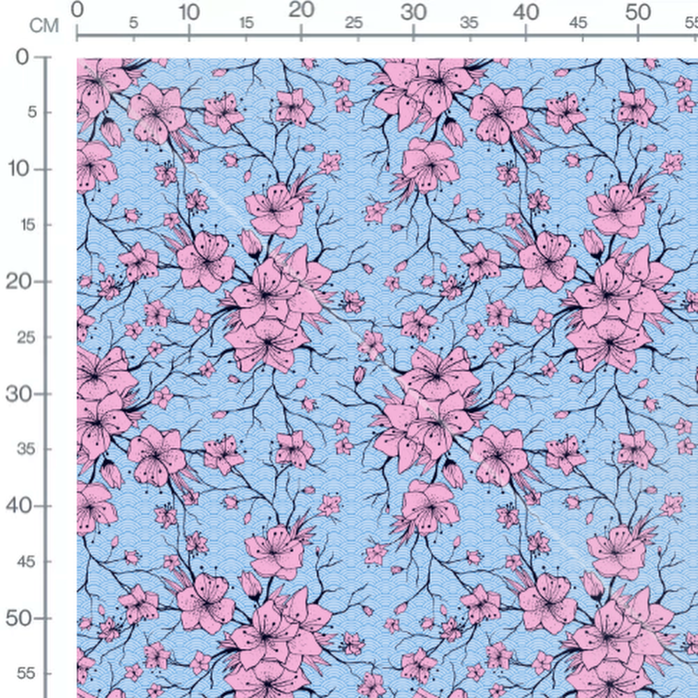 Tissu - Cerisier et vagues bleues