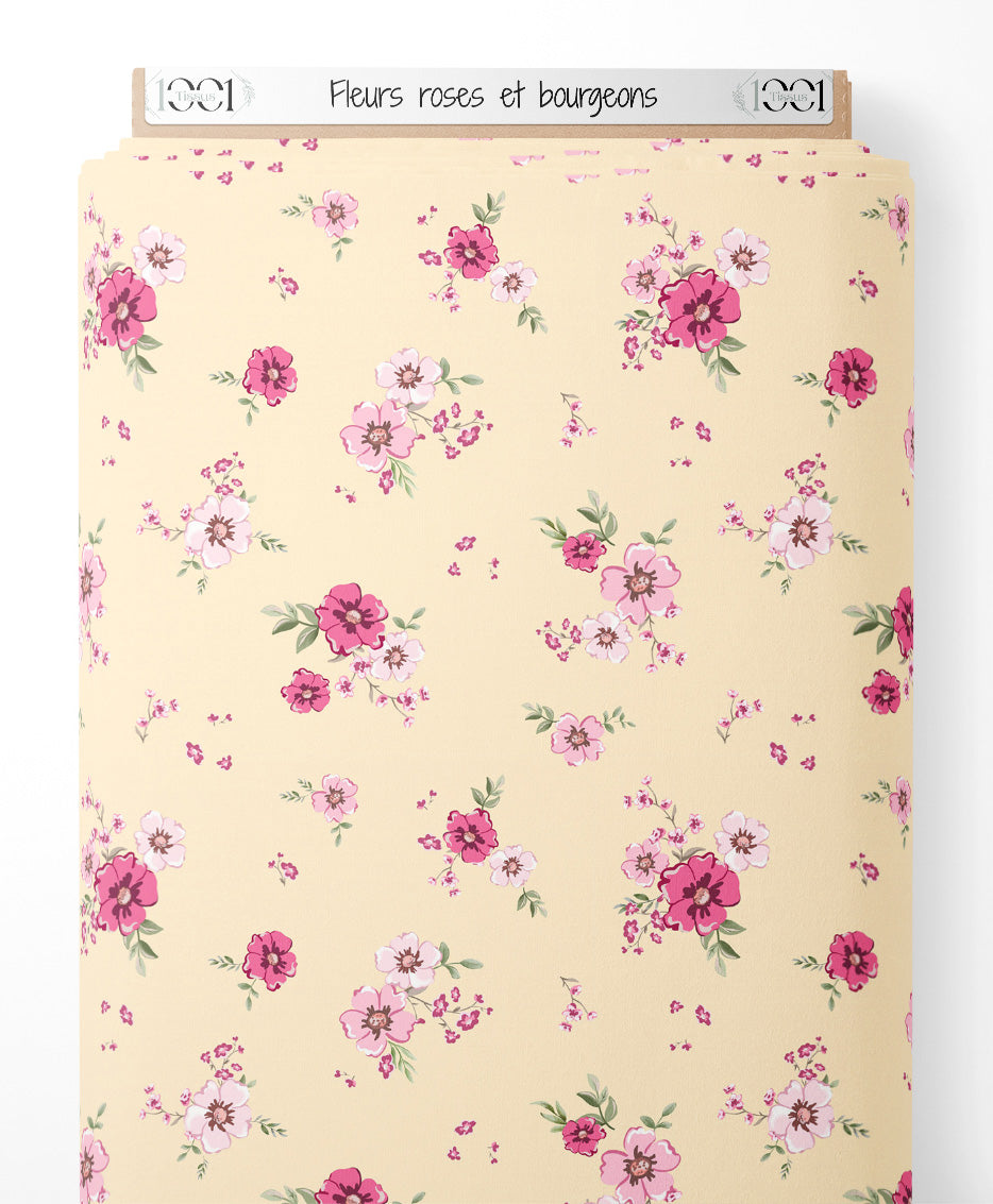 Tissu - Fleurs roses et bourgeons
