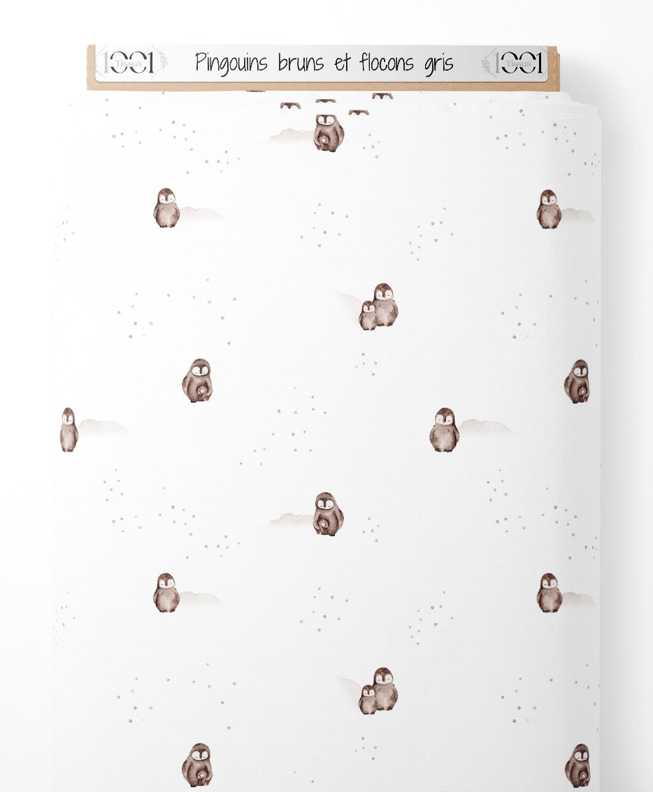 Tissu - Pingouins bruns et flocons gris