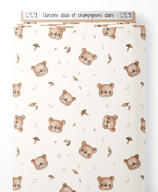 Tissu - Oursons doux et champignons clairs