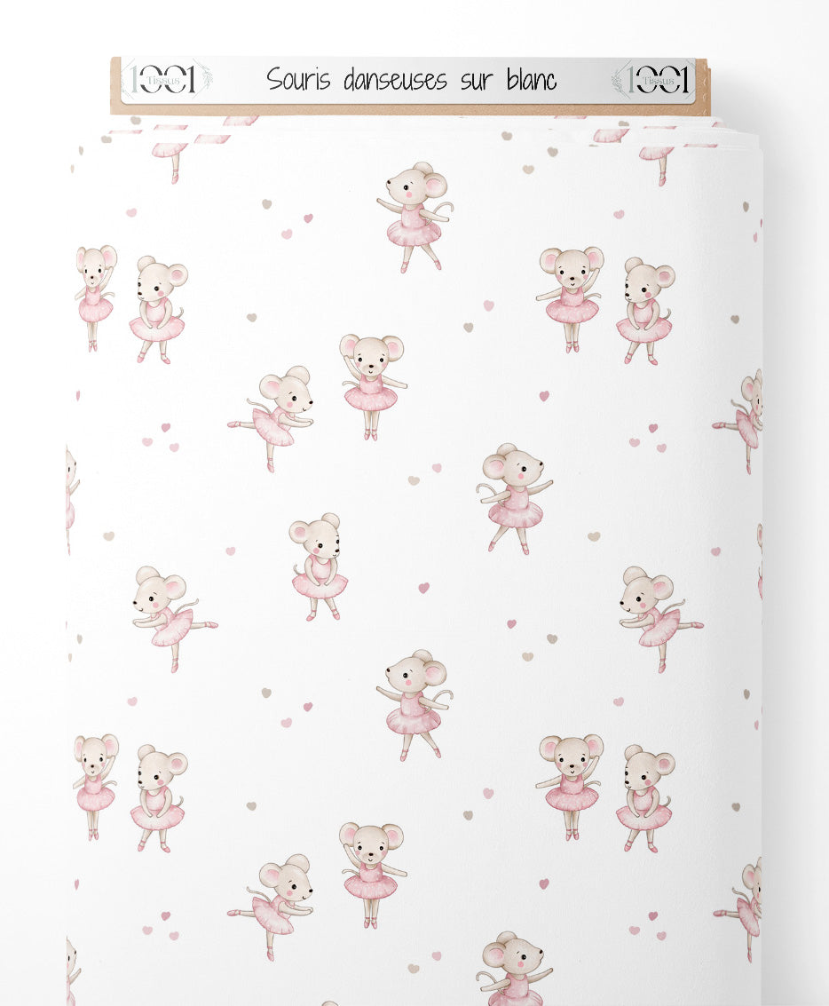 Tissu - Souris danseuses sur blanc