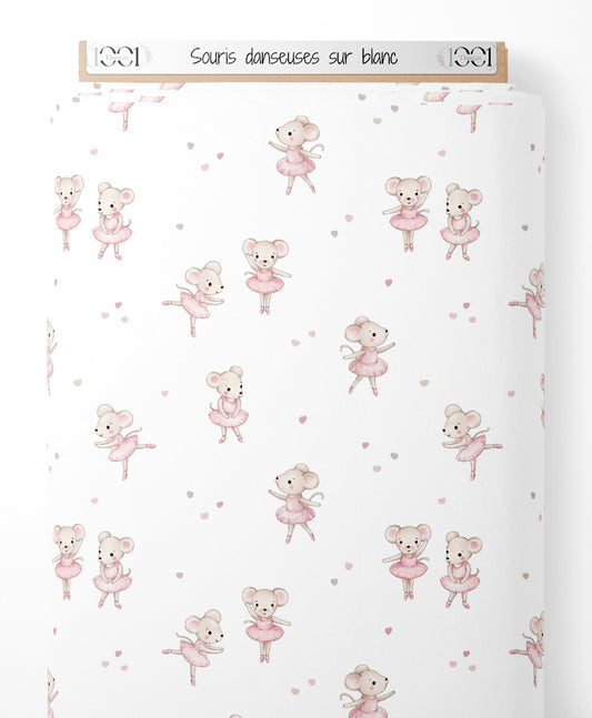 Tissu - Souris danseuses sur blanc