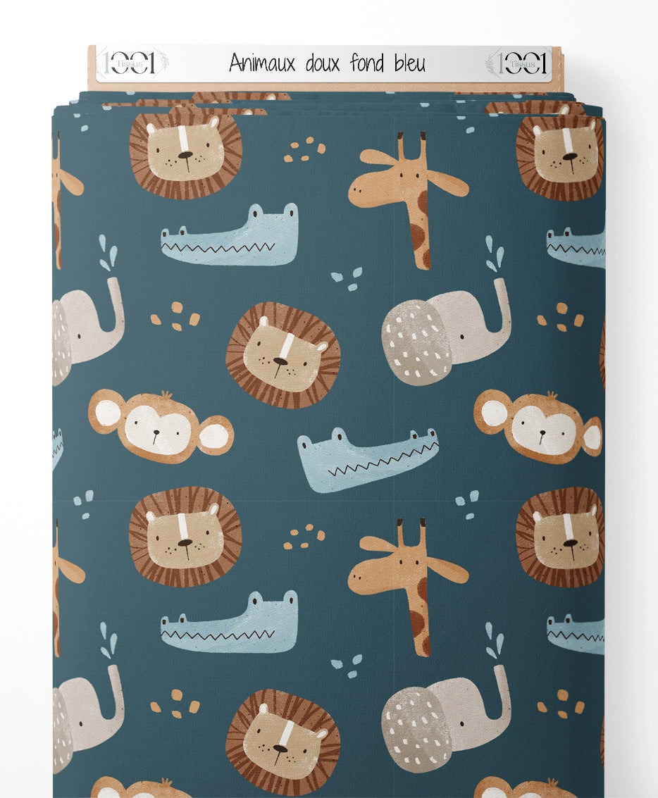 Tissu - Animaux doux sur fond bleu