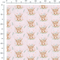 Tissu - Vaches fleuries sur fond rose