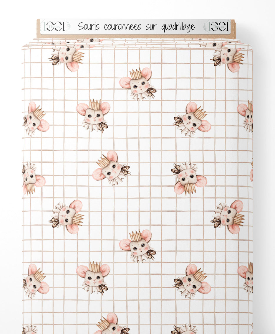 Tissu - Souris couronnées sur quadrillage