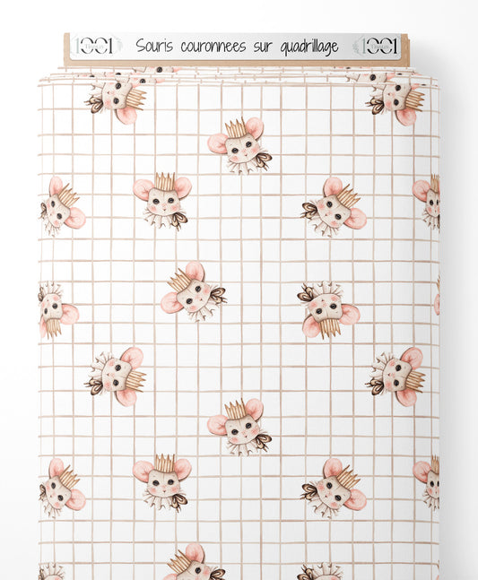 Tissu - Souris couronnées sur quadrillage