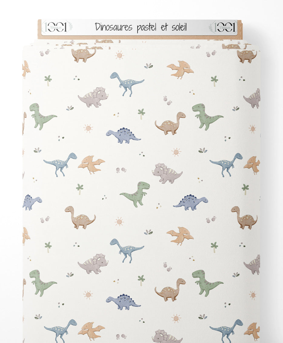 Tissu - Dinosaures pastel et soleil