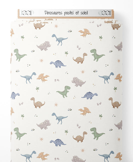 Tissu - Dinosaures pastel et soleil