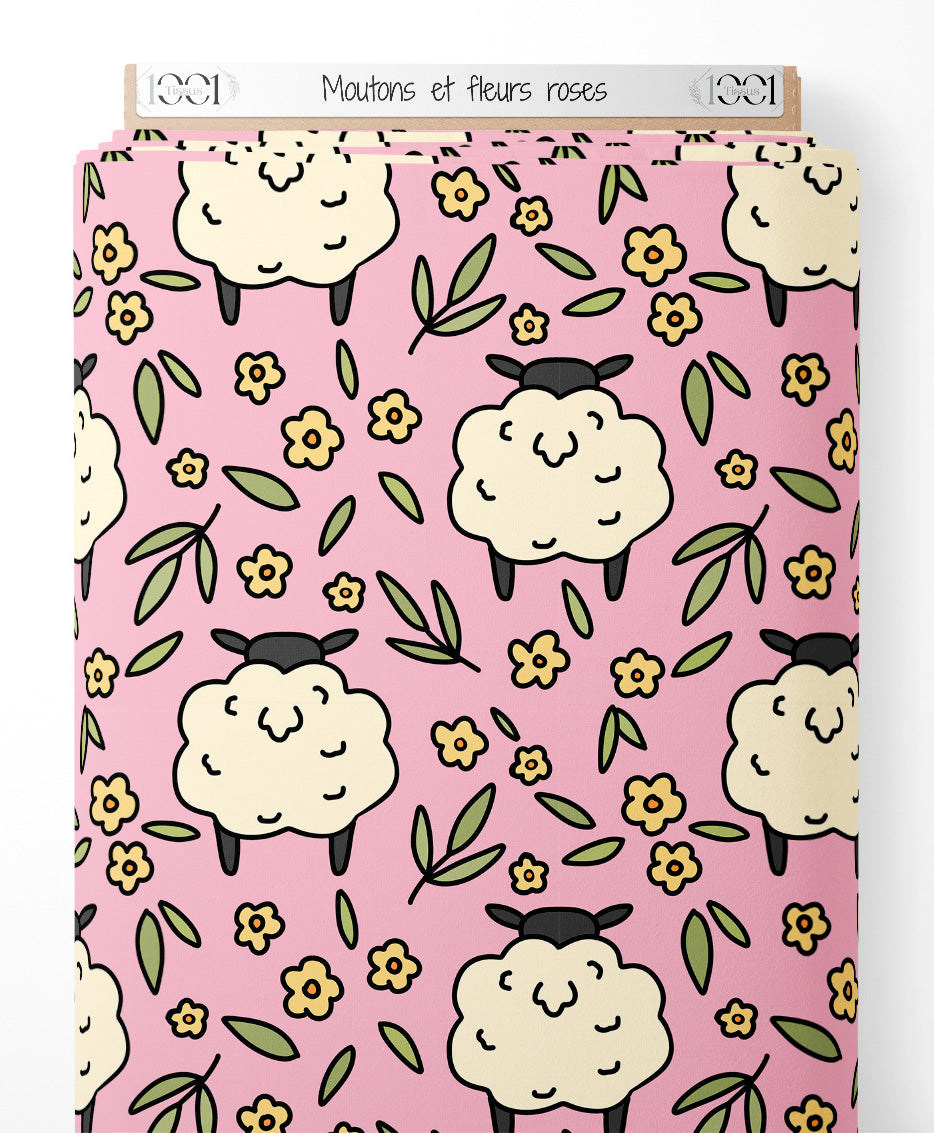 Tissu - Moutons et fleurs roses