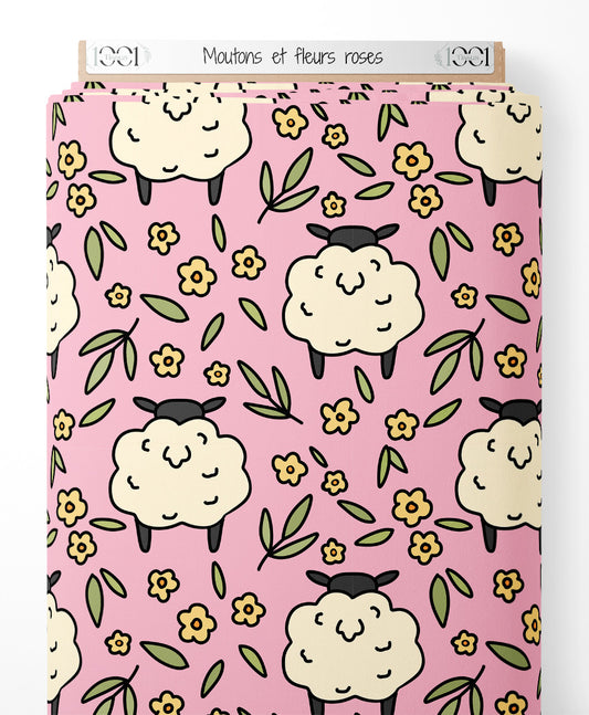 Tissu - Moutons et fleurs roses