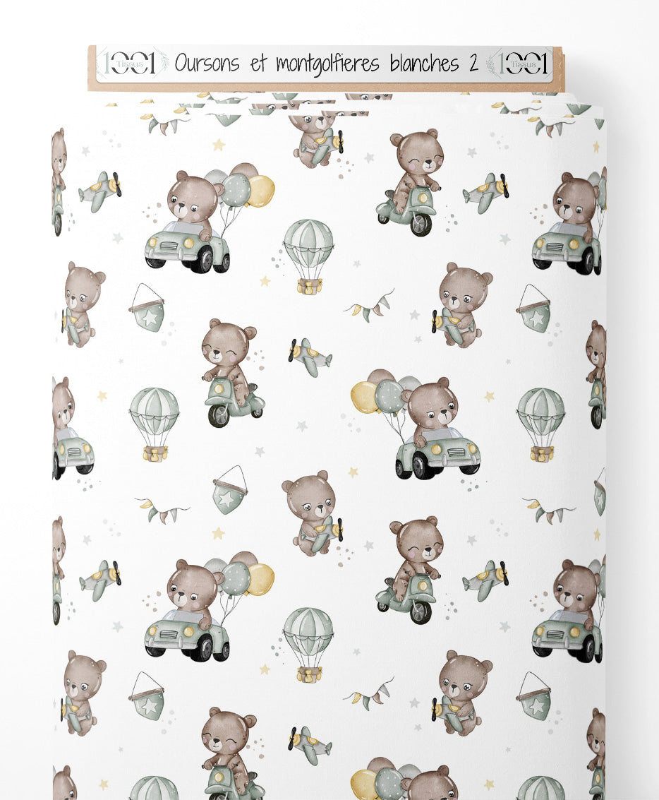 Tissu - Oursons et montgolfières blanches 2