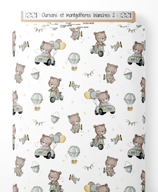 Tissu - Oursons et montgolfières blanches 2