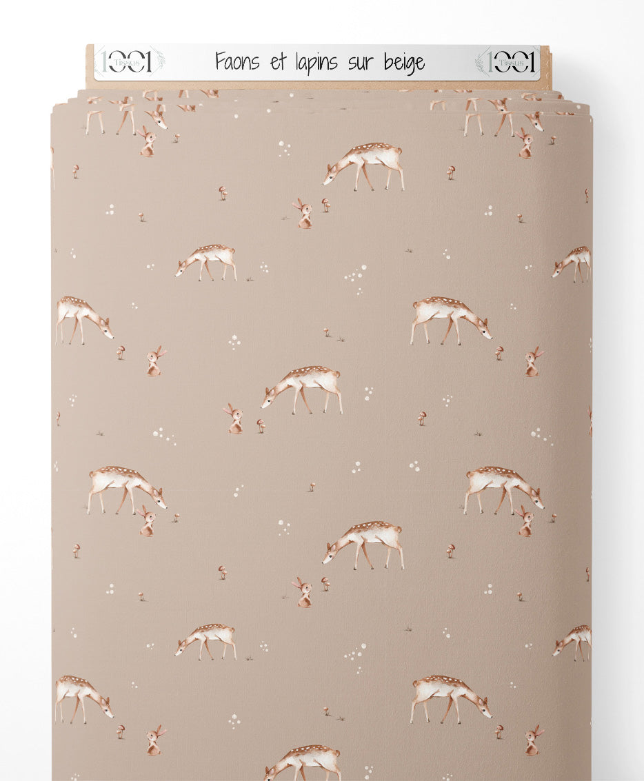 Tissu - Faons et lapins sur beige