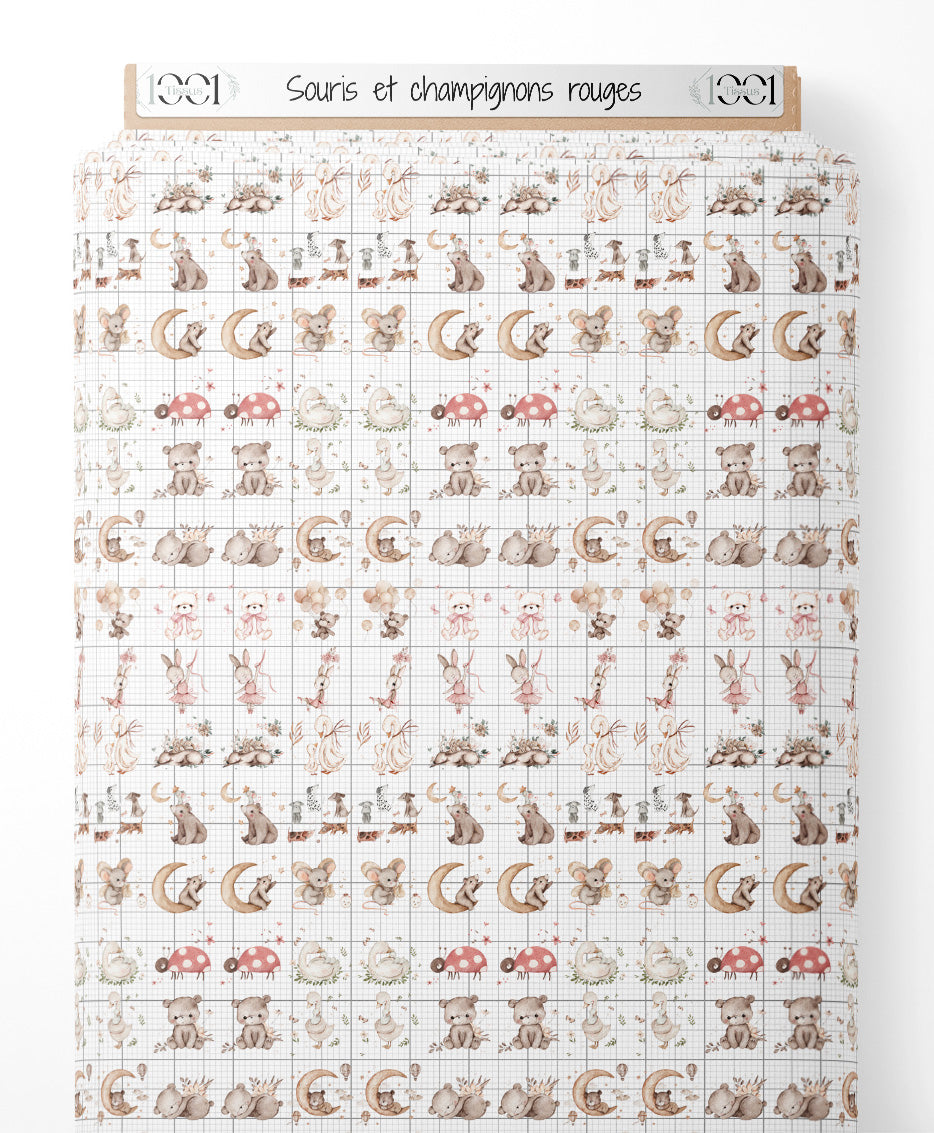 Tissu - Souris et champignons rouges