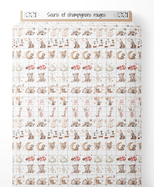Tissu - Souris et champignons rouges