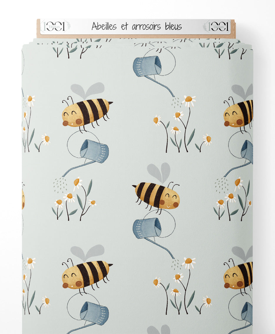 Tissu - Abeilles et arrosoirs bleus