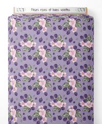 Tissu - Fleurs roses et baies violettes