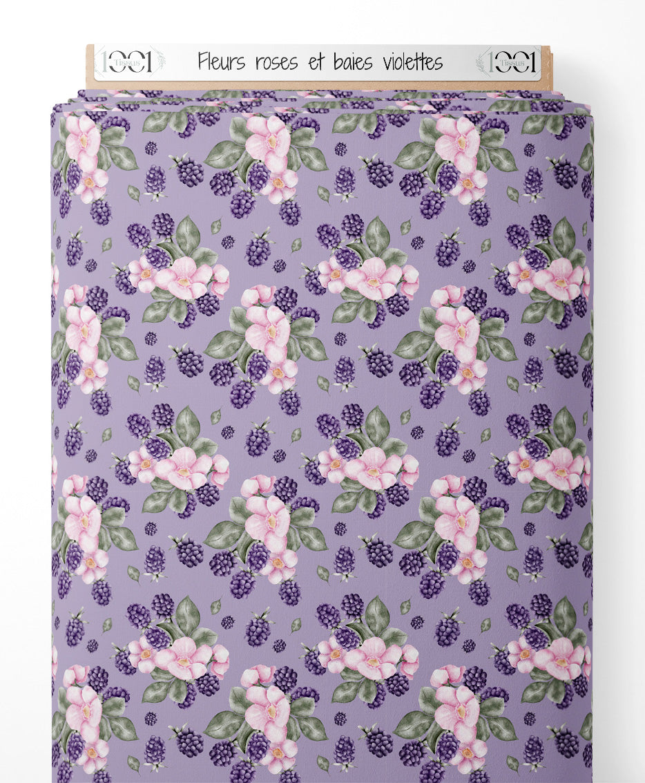 Tissu - Fleurs roses et baies violettes