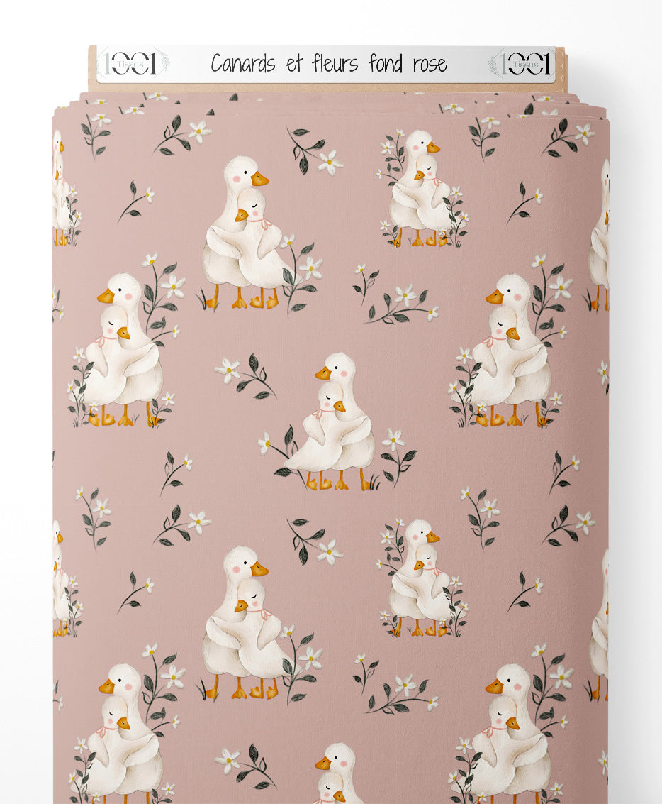 Tissu - Canards et fleurs sur fond rose