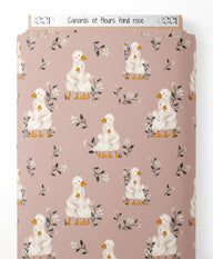 Tissu - Canards et fleurs sur fond rose