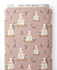 Tissu - Canards et fleurs sur fond rose