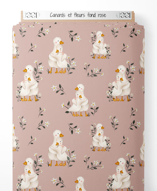Tissu - Canards et fleurs sur fond rose