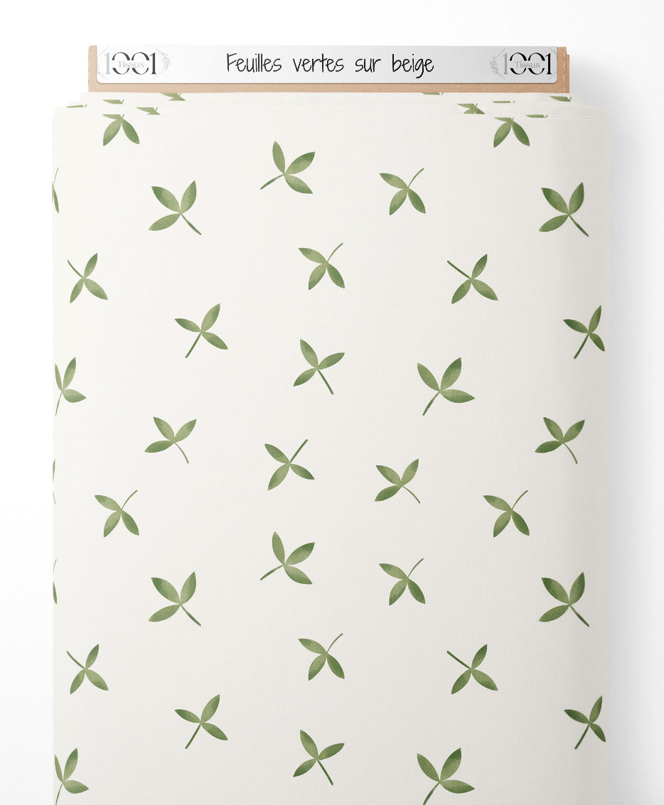 Tissu - Feuilles vertes sur beige