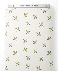 Tissu - Feuilles vertes sur beige