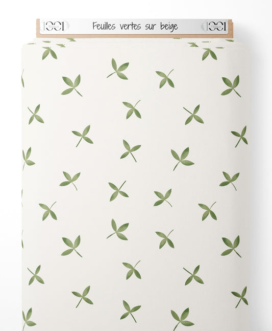 Tissu - Feuilles vertes sur beige