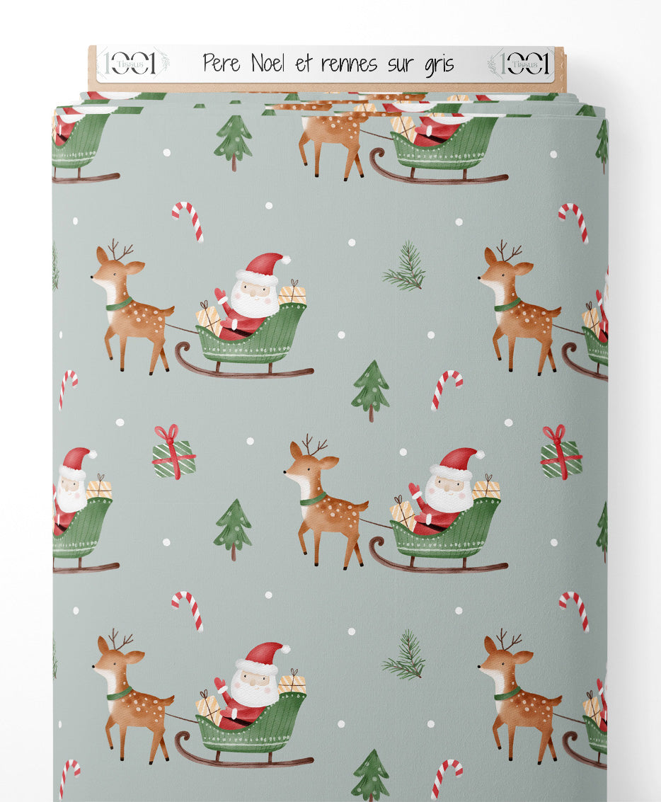 Tissu - Père Noël et rennes sur gris