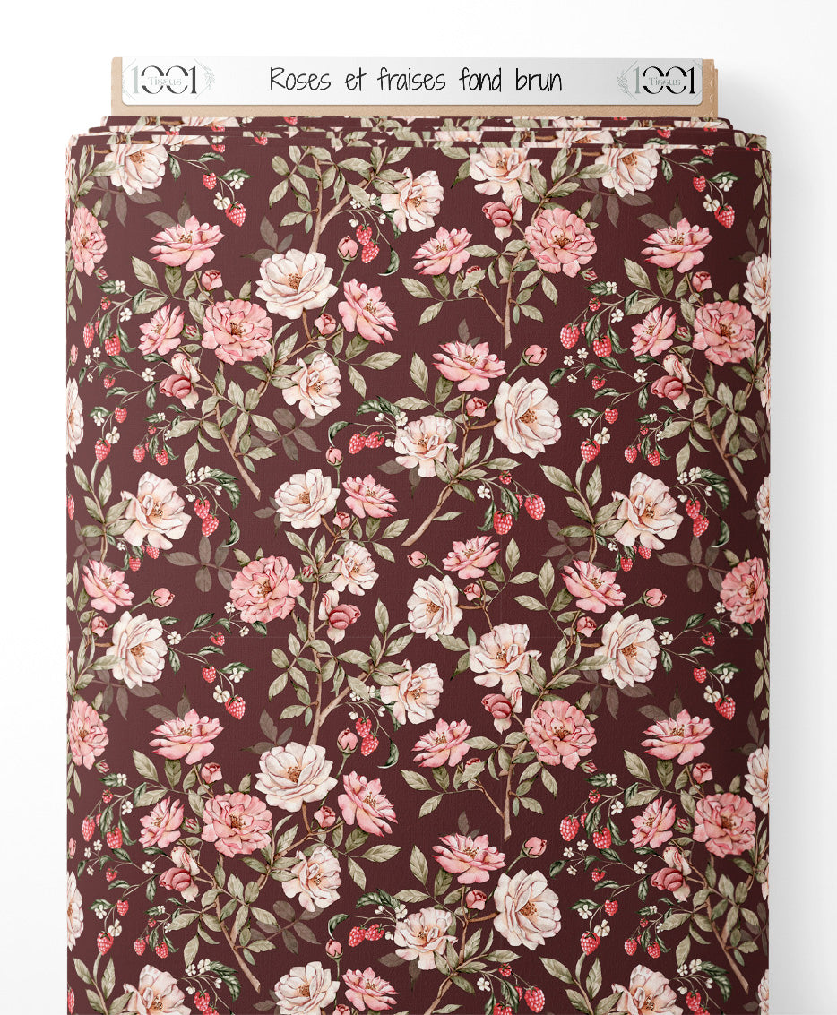 Tissu - Roses et fraises sur fond brun