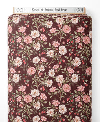 Tissu - Roses et fraises sur fond brun