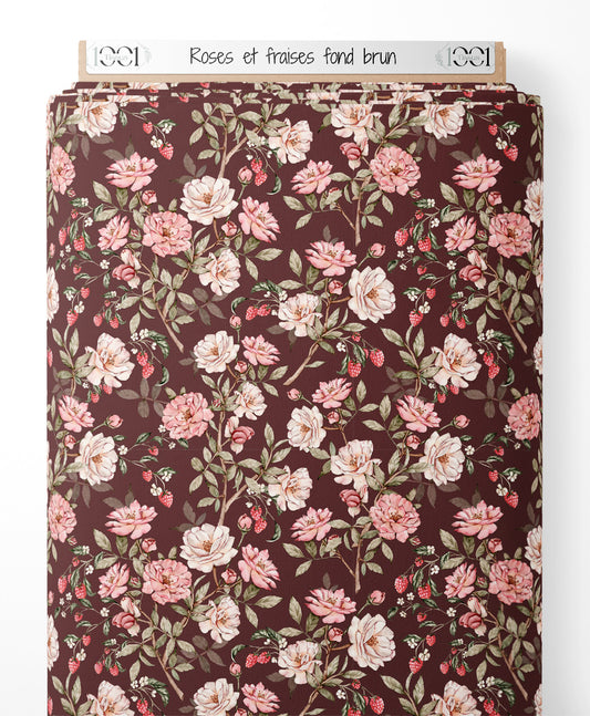 Tissu - Roses et fraises sur fond brun