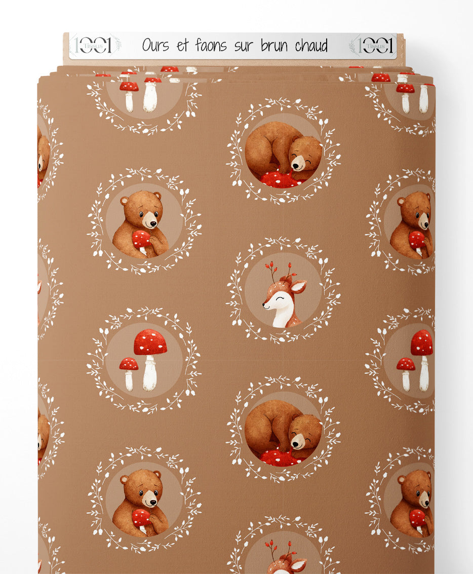 Tissu - Ours et faons sur brun chaud