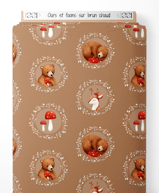 Tissu - Ours et faons sur brun chaud