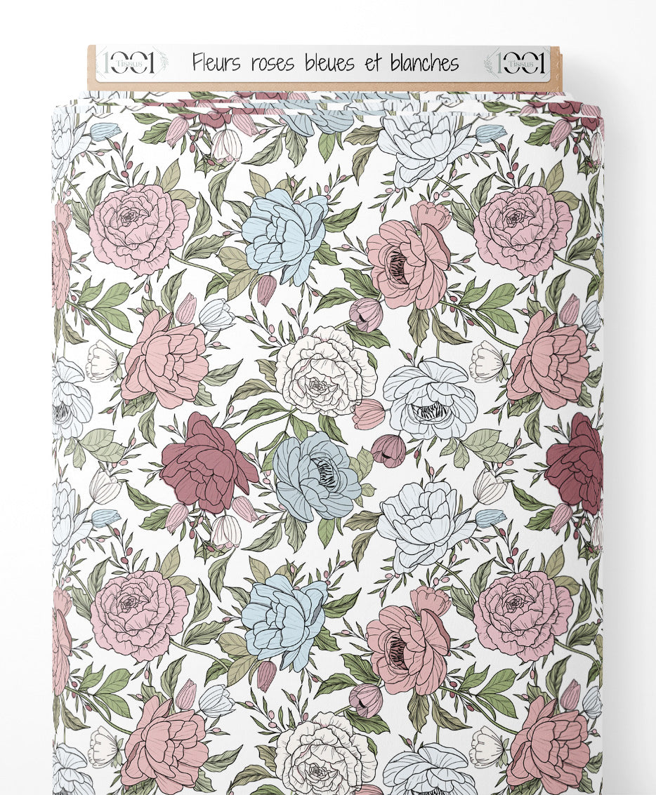 Tissu - Fleurs roses, bleues et blanches