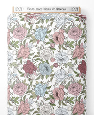 Tissu - Fleurs roses, bleues et blanches