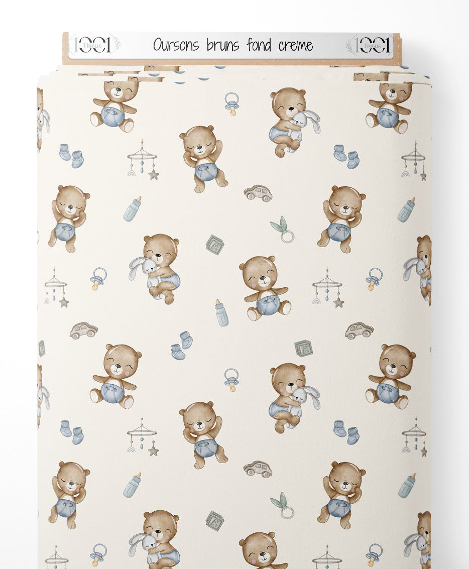 Tissu - Oursons bruns sur fond crème