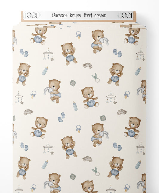 Tissu - Oursons bruns sur fond crème
