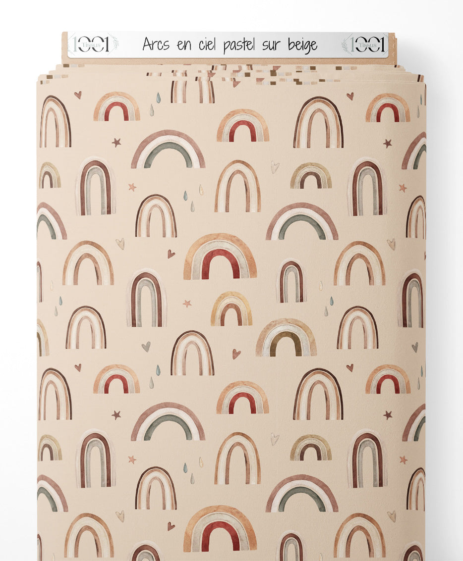 Tissu - Arcs-en-ciel pastel sur beige